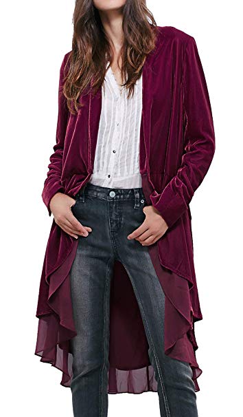 R.Vivimos Womens Ruffled Asymmetric Long Velvet Blazers Coat Casual Jackets