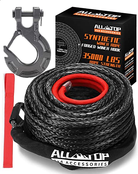 ALL-TOP Synthetic Winch Rope Cable Kit: 9/16" x 76 ft 35000LBS Winch Line with Protective Sleeve   Forged Winch Hook   Safety Pull Strap go for 4WD Off Road Vehicle Truck SUV Jeep ATV UTV