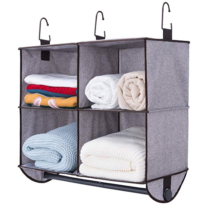 StorageWorks 4 Section Hanging Closet Organizer with Metal Garment Rod, Polyester Canvas Closet Storage Organizer, Gray, 24" W x 19" H x12 D