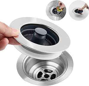 Hibbent 3 in 1 Kitchen Sink Drain Strainer, Stainless Steel Wrapped Shell Drain Stopper Combo, Pop Up Sink Stopper, Anti-Clogging Basket Strainer with Handle for US Standard 3-1/2" Drain