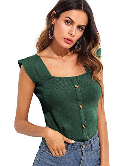 Romwe Women's Square Neck Single Breasted Knit Cami Top