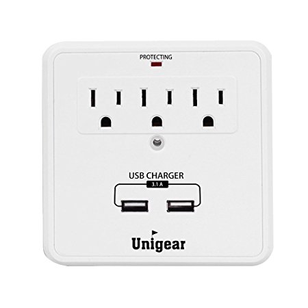Wall Mount Power Surge Protector Charging Station, with 3 AC Outlet Plugs, 3.1A Dual USB Charging Ports and Dual Side Slide Out Charging Dock