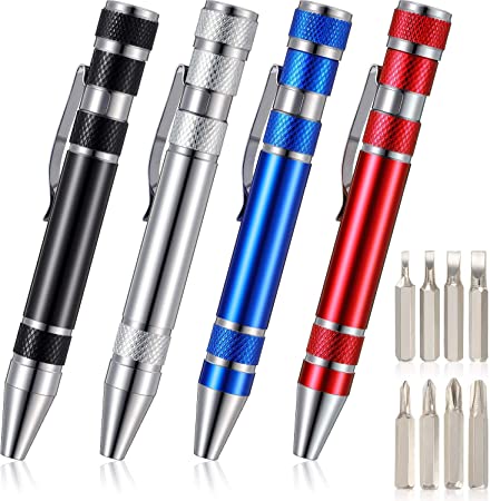 4 Pieces Pen Screwdriver Handy Tool 8 in 1 Magnetic Pocket Screwdriver Multi-Function Mini Gadgets Repair Tools (Black, Red, Blue, Silver)