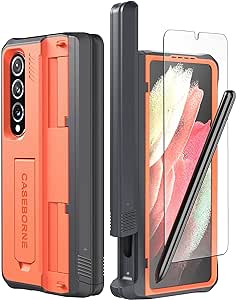 CaseBorne V Compatible with Samsung Galaxy Z Fold 4 Case - Full Body Protective Case with Semi-Auto Hinge Cover, [Tempered Glass Screen Protector], Kickstand and S Pen Holder (Orange)