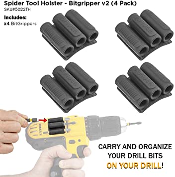 Spider Tool Holster BitGripper v2 - PACK OF FOUR - Organize and carry drill bits ON your power drill!