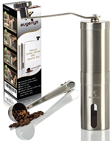Manual Coffee Grinder - With FREE Bonus – Ceramic Burr Grinder for Precision Brewing - Perfect Coffee Mill For Home And Traveling - Portable Stainless Steel Hand Bean Grinder by Eugenys