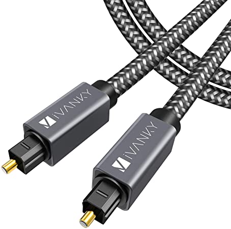 Digital Optical Audio Cable (10 Feet) - [Flawless Audio, Secure Connection] iVanky Slim Braided Digital Audio Optical Cord/Toslink Cable for Sound Bar, TV, PS4, Xbox, Samsung, Vizio - CL3 Rated, Grey