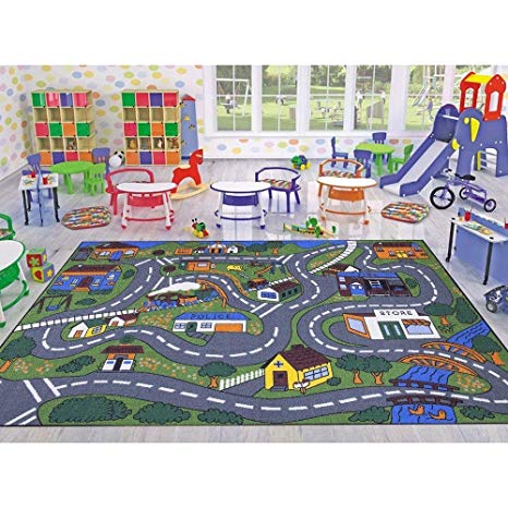 Ottomanson Jenny Collection Grey Base with Multi Colors Kids Children's Educational Road Traffic System Design(Non-Slip) Area Rug, 5'0" X 6'6", Multicolor
