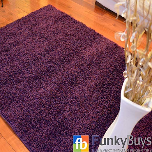 FunkyBuys® Shaggy Rug Plain 5cm Thick Soft Pile Modern 100% Berclon Twist Fibre Non-Shed Polyproylene Heat Set - AVAILABLE IN 6 SIZES On Amazon (Purple, 66cm x 110cm (2ft 3" x 3ft 7"))