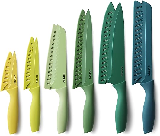 CAROTE 12 Pieces Stainless Steel Kitchen Knives,Anti-Rust Creamic Coating with 6 Blade Guards, Dishwasher Safe Knife,Green