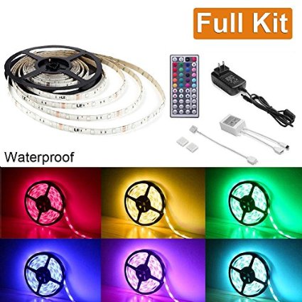 LE Waterproof 12V 164ft5m Flexible RGB LED Strip Light Kit Multi-colored 150 Units 5050 LEDs LED Strip Kit with 44-key IR Controller  12V 2A Power Supply IP65 Adhesive Light Strips