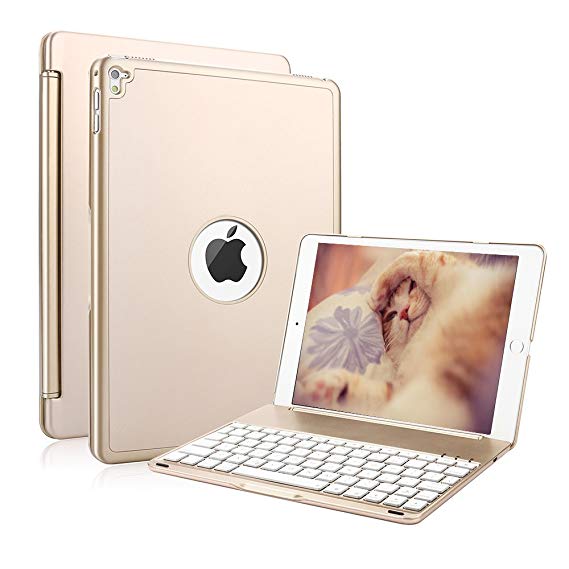 Backlit Keyboard Case for iPad Air 2, KVAGO 7 Colors Backlight Aluminum Finish Wireless Bluetooth Keypad Folio Flip Cover Hard Plastic Shell Clamshell Keyboard Cover for Apple iPad Air 2 9.7 inch 2014 Version Model Numbers A1566 A1567 (Gold)