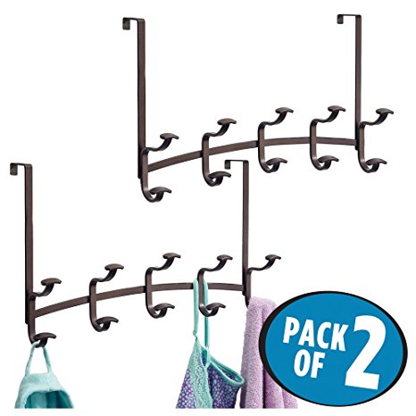 mDesign Over-the-Door 10-Hook Rack for Coats, Hats, Robes, Leashes for Closet - Pack of 2, Bronze