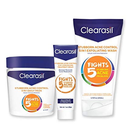 Clearasil Stubborn Acne Control Kit With 5in1 Daily Facial Cleansing Pads 90 ct, Exfoliating Wash 6.78 oz & Spot Treatment Cream 1 oz - 1 ea