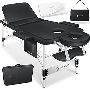 KESSER® Mobile Massageliege klappbar & höhenverstellbar 3 Zonen Massagebett Massagetisch Kosmetikliege Breit Therapieliege Aluminium   10x Gesichtsauflage mit Kopfstütze Armlehnen & Tasche Schwarz