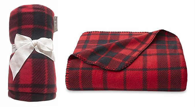 Essential Home Fleece Throw Blanket, 50 by 60-inch, Red and Black Plaid