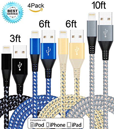 Mscrosmi 4 Pack 3FT 6FT 6FT 10FT Nylon Braided USB Charging cable compatible with iPhone 7/7Plus/6s/6s Plus/6/6Plus/5s/5c/5,iPad/iPod,iOS devices and more.(Black,Blue White,Gray Gold,Rose Gold)
