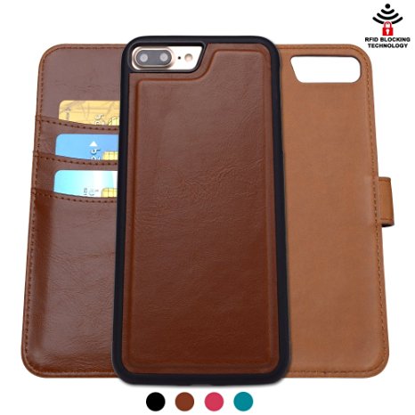 Shanshui Detachable 2 in 1 Leather Wallet Case with RFID Card Holders and Cash Pocket for iPhone 7 Plus - Brown