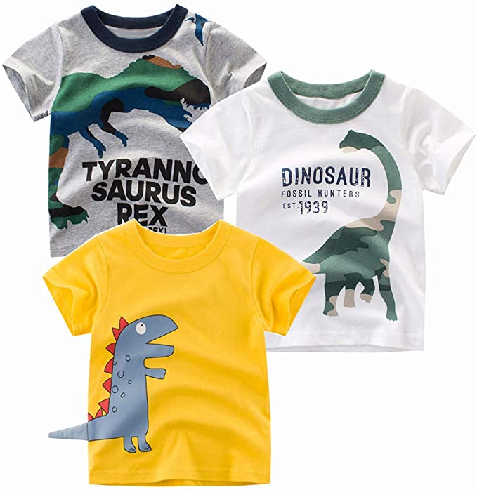 HILEELANG Toddler Boy Girl T Shirts Crewneck Tee Short Sleeve Dinosaur Giraffe Car Top Tee 3 Pack