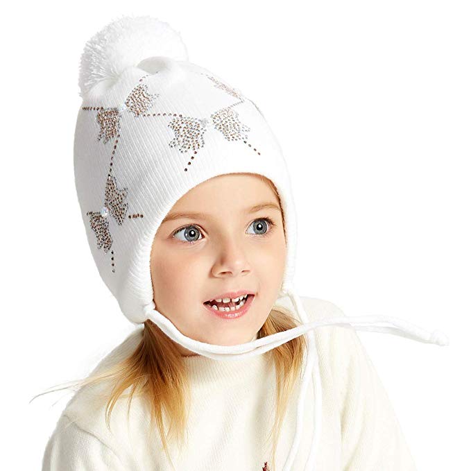 ENJOYFUR Toddler Girls Winter Hats Earflap Beanie for Kids Baby Girls Fur Pompom Beanie for 1T-5T