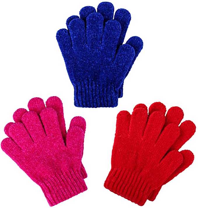 Cooraby 3 Pairs Warm Chenille Gloves Kids Stretchy Cashmere Knitted Gloves for Girls, Boys