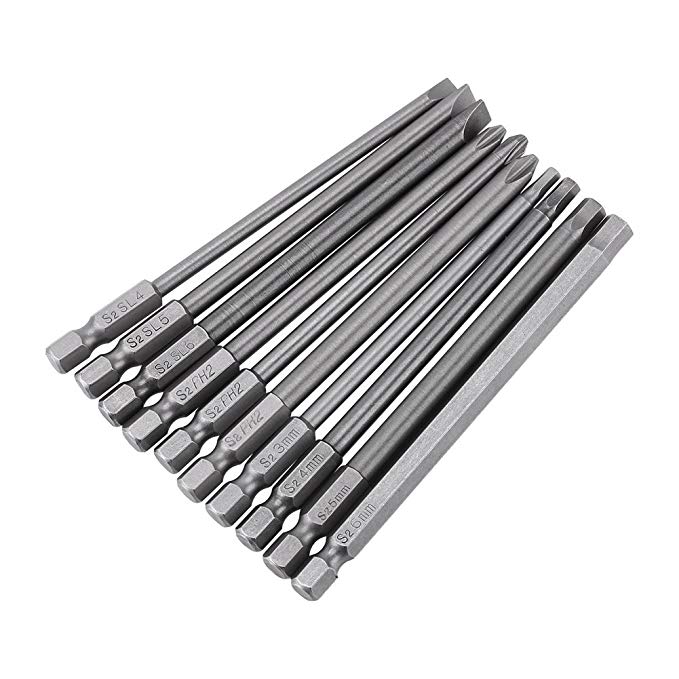 10Pcs 1/4 Inch Hex Shank 100mm Long Magnetic Screwdrivers Bits Set, Flat Head Slotted Tip/Cross Phillips Head/Hex Head