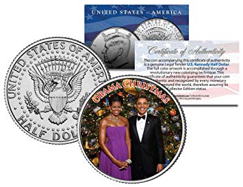 OBAMA CHRISTMAS Collectible Art Kennedy Half Dollar Coin and Certificate MICHELLE & Barack