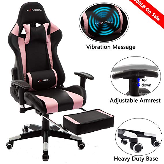 Computer Gaming Chair High Back Computer Racing Chair Ergonomic Adjustable Executive Swivel PC Chair with Headrest,Massager Lumbar Support,Retractible Footrest (Pink)