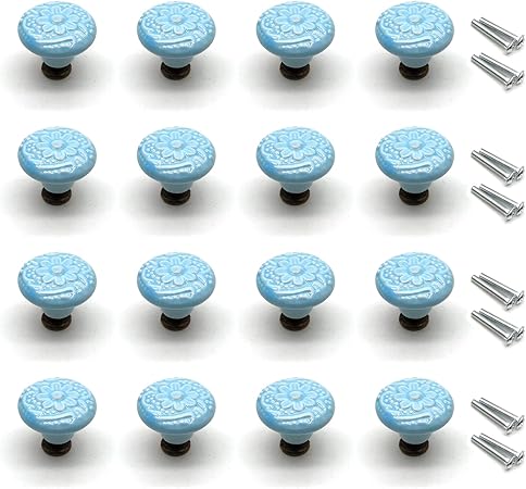 Ceramic Drawer Knobs,16pcs, Drawer Knobs Vintage 1.3" Dia. Cabinet Drawer Knobs Light Blue with Mounting Screws Decoration Door Knobs