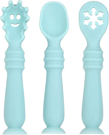 Vicloon Baby Fork and Spoon Set, 3Pcs Silicone Spoon Baby Weaning Spoon Set Self Feeding Utensil Easy Grip Toddler Cutlery Kit, Soft Baby Spoon for Infant Toddler Children First Led Training Weaning