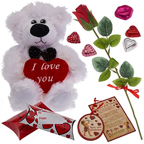 Prextex Valentines Day Gift Set Including Valentine Scented Velvet Rose Wooden Valentine Card Ornament Gift Boxes and More