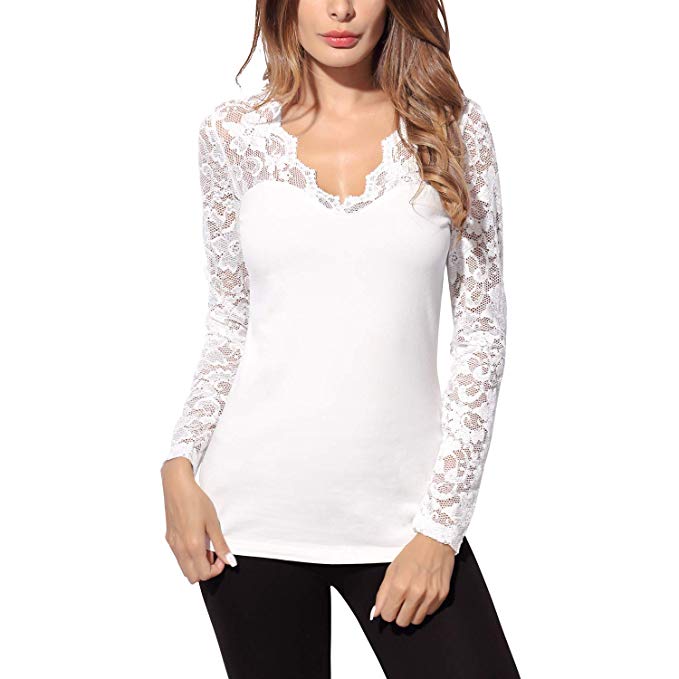 DJT Women's V-Neck Floral Lace Overlay Lined Long Sleeve Top