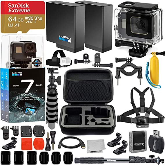 GoPro HERO7 Hero 7 Black Action Camera and Deluxe Accessory Bundle - Includes: SanDisk Extreme 64GB microSDHC Memory Card & Much More