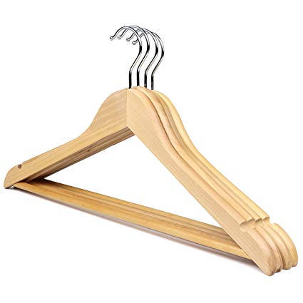 The Hanger Store 10 Wooden Suit Hangers, Angled Coat Hangers with Notches and Trouser Bar