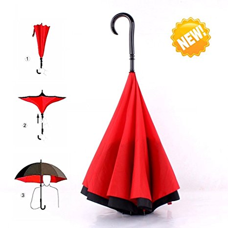 Umbrella, Travel Umbrella Strong Waterproof/Uv protection, Sunny or rainy amphibious, J shape handle Double Layer Inverted Umbrella