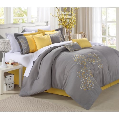 Perfect Home Sydney 12-piece Embroidered Comforter Set Queen Size Black and White, Bedskirt Shams and Decorative Pillows Included (King, Yellow)