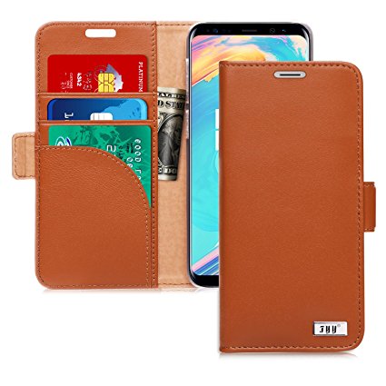 FYY Galaxy S9 Genuine Leather Case, Handmade [RFID Blocking] Wallet Case with Kickstand Card Slots Magnetic Closure Protective Cover for Samsung Galaxy S9 Brown