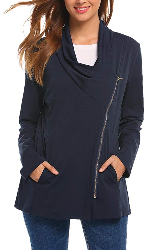SummerRio Women's Long Sleeve Cowl Neck Warm Oblique Zipper Coat with Pockets