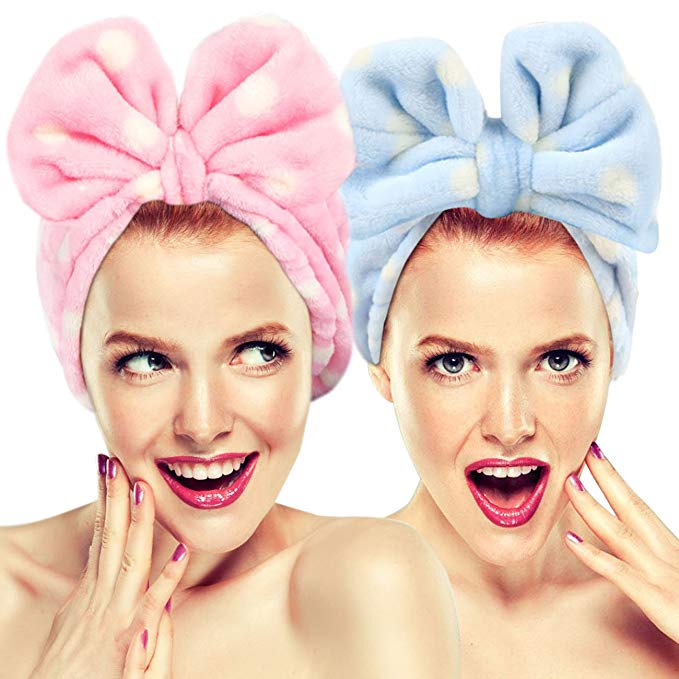 Cute Makeup Headbands for Face Wash Shower Mask Spa Hairizone Elastic Head Band with Soft Big Bow Hair Band for Women Wrap (Pink/Blue)