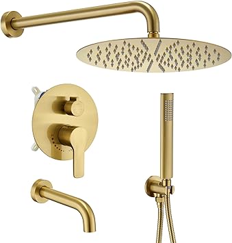 Gold Shower Faucet Set with Tub, High-Pressure Bathroom Brushed Gold Rain Shower Fixture Has 12 Inch Shower Head and Tub, Rainfall Gold Shower System