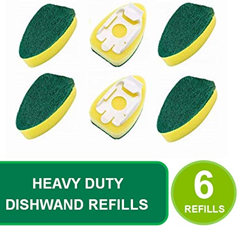 Dishwand Refills Sponge Heads- 6 Pack Non Scratch Heavy Duty Dishwand Refill, Replacement Heads, Scrub Brush Dish Wand Pads, Sponges Soap Dispensing Dish Scrubber for Kitchen Sink Room Cleaning Tools