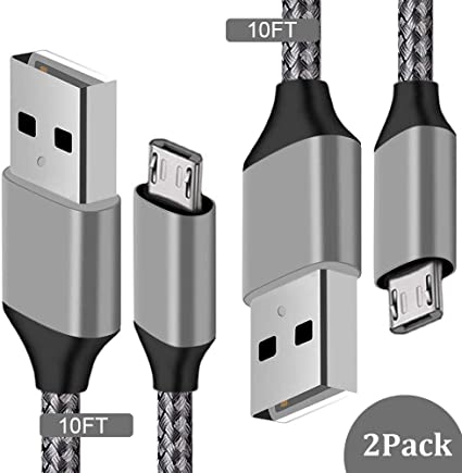 Long Braided Micro USB Cable High Speed Charging Cable for Samsung Galaxy S7 Charger S6 S7 Edge S5,Note 5 4,LG,HTC,Kindle,Tablet,PS4,Camera,MP3, 2Pack Nylon 10 Ft Phone Charger Android Charger Cable