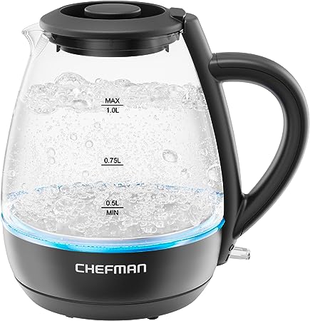 Chefman 1L Electric Tea Kettle with LED Lights, Automatic Shut Off, Removable Lid, Boil-Dry Protection, Hot Water Electric Kettle Water Boiler, Electric Kettles for Boiling Water