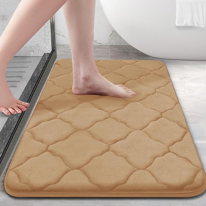 OLANLY Memory Foam Bath Mat Rug 24x16, Ultra Soft Non Slip and Absorbent Bathroom Rug, Machine Wash Dry, Comfortable, Thick Bath Rug Carpet for Bathroom Floor, Tub and Shower, Dark Beige