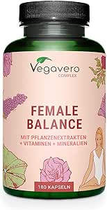 FEMALE BALANCE Vegavero® | Síndrome Premenstrual (PMS) y Acné Hormonal | Sauzgatillo (Vitex Agnus Castus), Acido Folico, Maca Roja, Magnesio | 180 Cápsulas | Sin Aditivos & Vegano