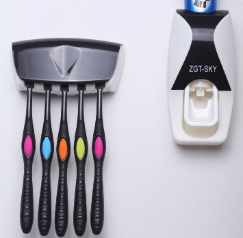 BAIESHIJI ® Automatic Dustproof Toothpaste Dispenser with Toothbrush Holder Organizer Set Mini Easy Install Dust-proof Toothpaste Dispenser Toothpaste Squeezer Kit (Black) (black)