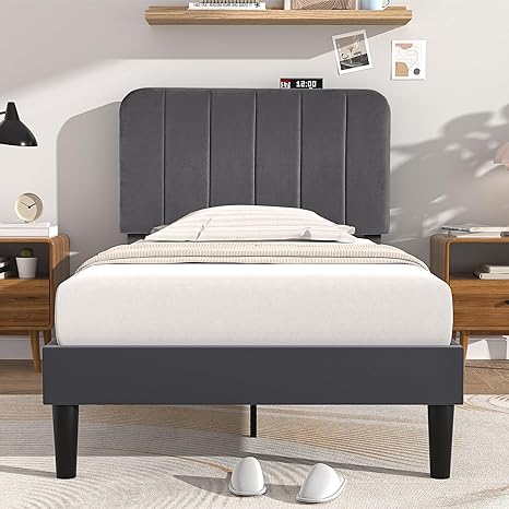 VECELO Twin Size Upholstered Bed Frame with Adjustable Headboard, Velvet Platform Bedframe Mattress Foundation, Strong Wood Slat Support, No Box Spring Needed,Dark Grey