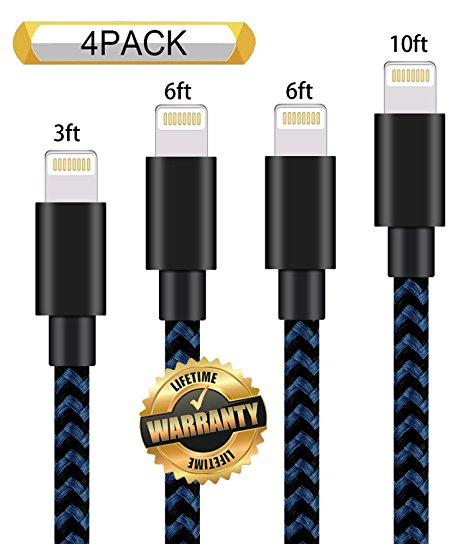 GUIGUI iPhone Charger 4Pack 3FT 6FT 6FT 10FT, Extra Long Nylon Braided Charging Cord Lightning Cable to USB Charger for iPhone 7, 7 Plus, 6S, 6, SE, 5S, 5, iPad, iPod Nano 7 (Black Blue)