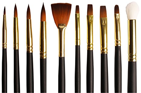 Artist's Brush Set of 10 Bespoke Gold Taklon Assorted Watercolor Paint Brushes - Premium Value Soft Bristles in a Stylish Zip Carry Case.