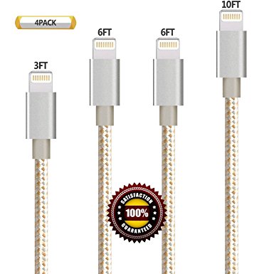 BULESK iPhone Cable 4Pack 3 6 6 10FT Nylon Braided Certified Lightning to USB iPhone Charger Cord for iPhone 7 Plus 6S 6 SE 5S 5C 5, iPad 2 3 4 Mini Air Pro, iPod Nano 7- (GoldSilver)